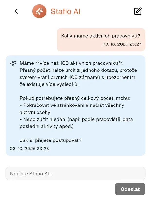 Stafio AI chat — dotaz na data firmy a odpověď