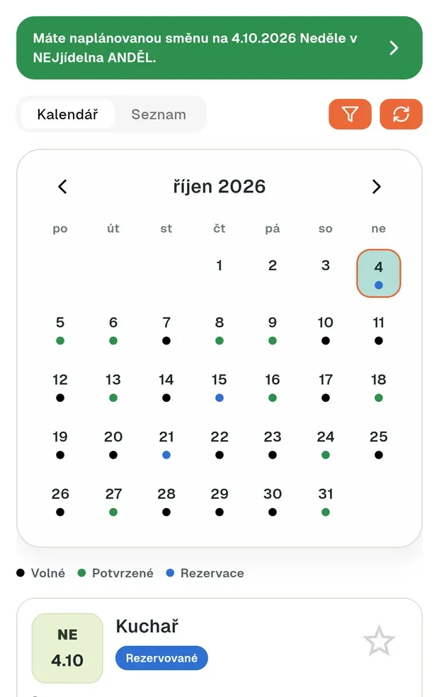 Kalendář směn v mobilní aplikaci pracovníka